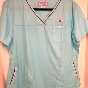 Koi Scrub Top Turquoise V Neck 2 side Pockets Grey & White Trim NWOT